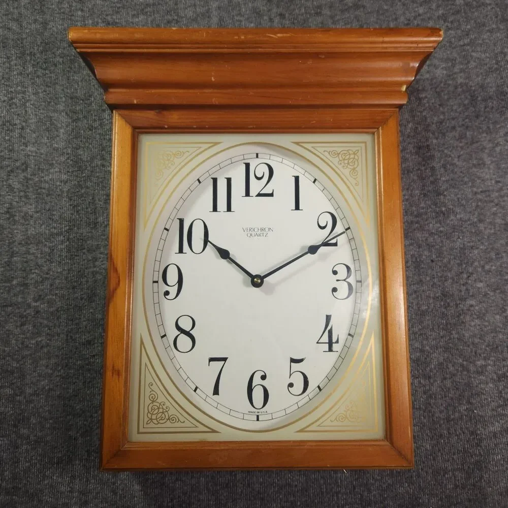 Vintage Verichron Mantle Wall Clock Wooden Rectangle Made In USA Works